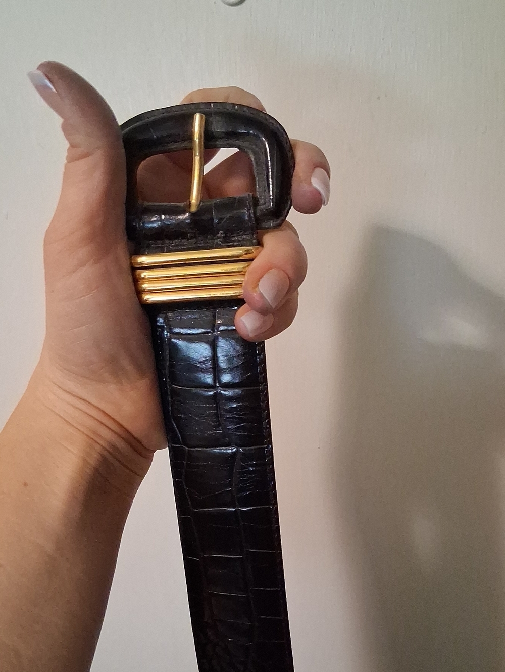 Black Croc-Embossed Leather Woman's Belt with Gold Accent